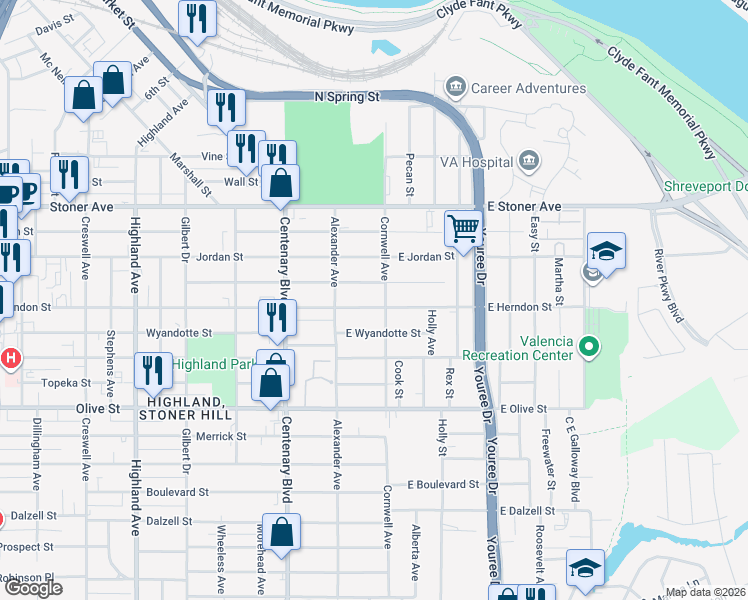 map of restaurants, bars, coffee shops, grocery stores, and more near 157 East Herndon Street in Shreveport
