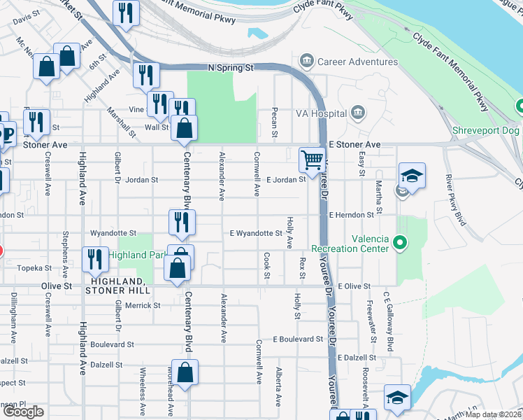 map of restaurants, bars, coffee shops, grocery stores, and more near 157 East Herndon Street in Shreveport