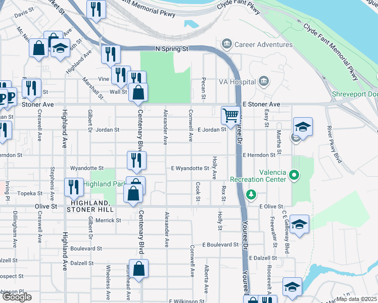 map of restaurants, bars, coffee shops, grocery stores, and more near 157 East Herndon Street in Shreveport