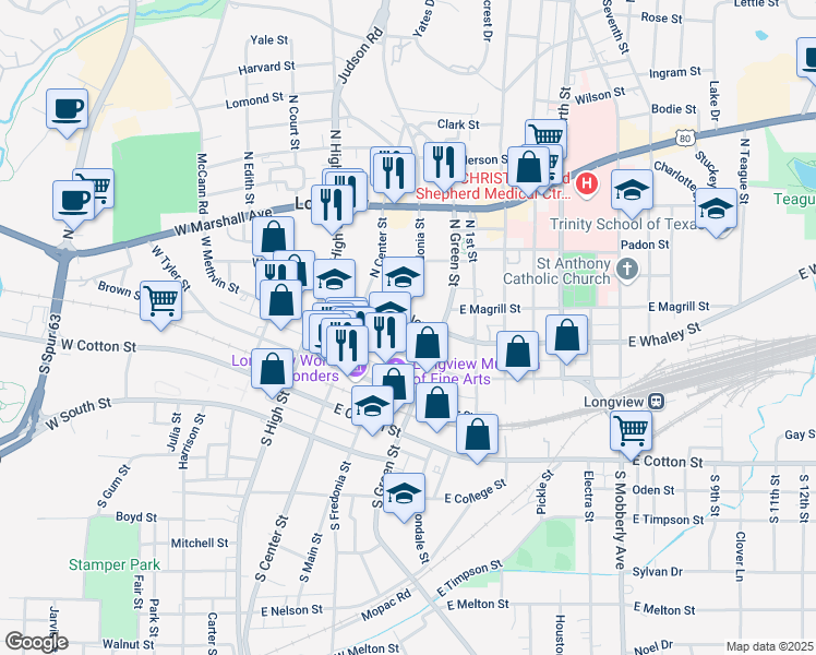 map of restaurants, bars, coffee shops, grocery stores, and more near 201 East Methvin Street in Longview