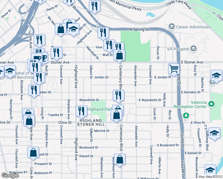 map of restaurants, bars, coffee shops, grocery stores, and more near 1545 Coty Street in Shreveport