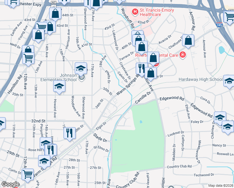map of restaurants, bars, coffee shops, grocery stores, and more near 1947 Warm Springs Road in Columbus