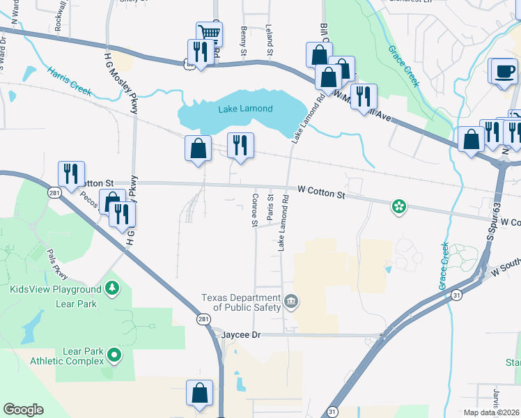 map of restaurants, bars, coffee shops, grocery stores, and more near 1205 West River Oaks Drive in Longview