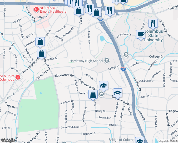 map of restaurants, bars, coffee shops, grocery stores, and more near 2728 Cora Drive in Columbus