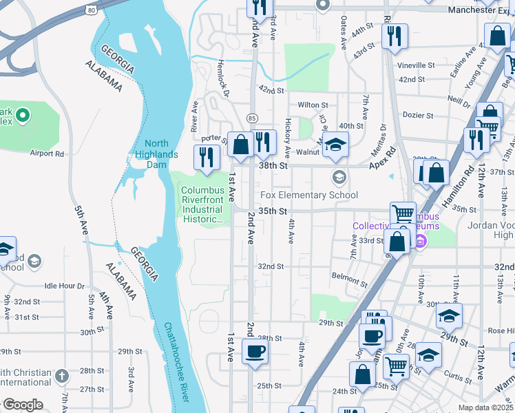 map of restaurants, bars, coffee shops, grocery stores, and more near 3333 2nd Avenue in Columbus