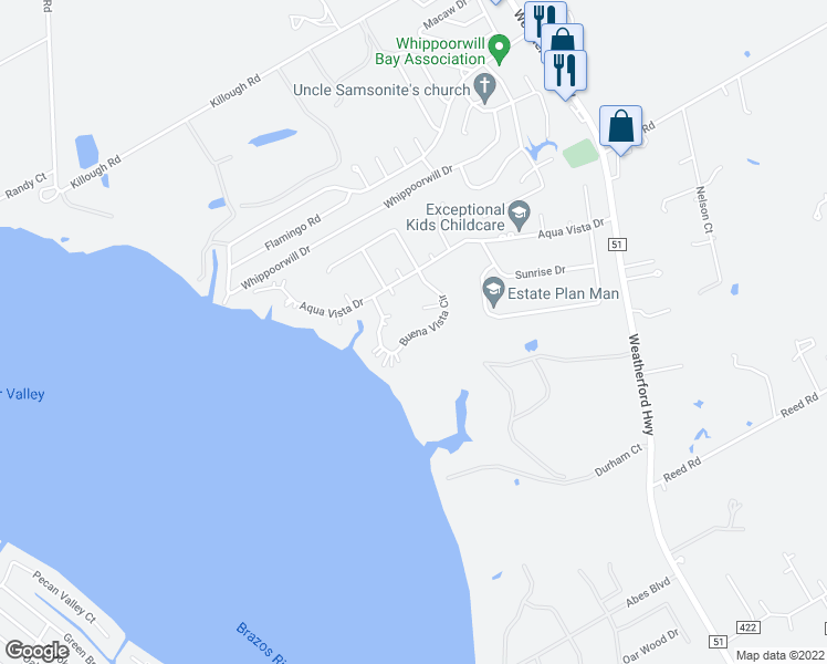 map of restaurants, bars, coffee shops, grocery stores, and more near 15312 Buena Vista Circle in Granbury