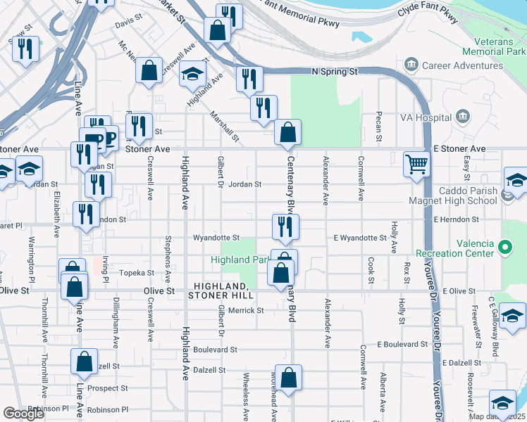 map of restaurants, bars, coffee shops, grocery stores, and more near 1545 Coty Street in Shreveport