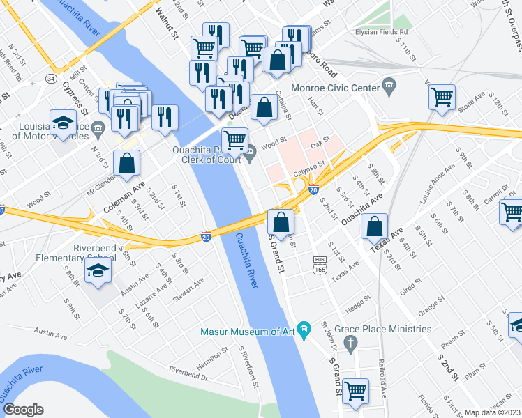 map of restaurants, bars, coffee shops, grocery stores, and more near 500 South Grand Street in Monroe