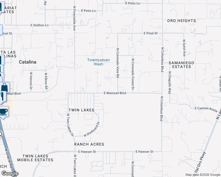 map of restaurants, bars, coffee shops, grocery stores, and more near 16047 North Coronado View Road in Tucson