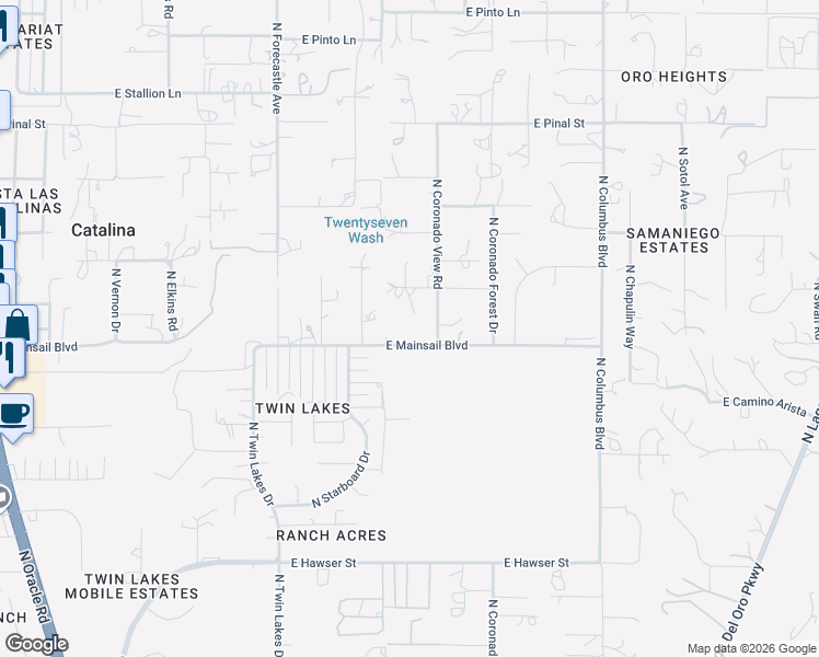 map of restaurants, bars, coffee shops, grocery stores, and more near 16047 North Coronado View Road in Tucson