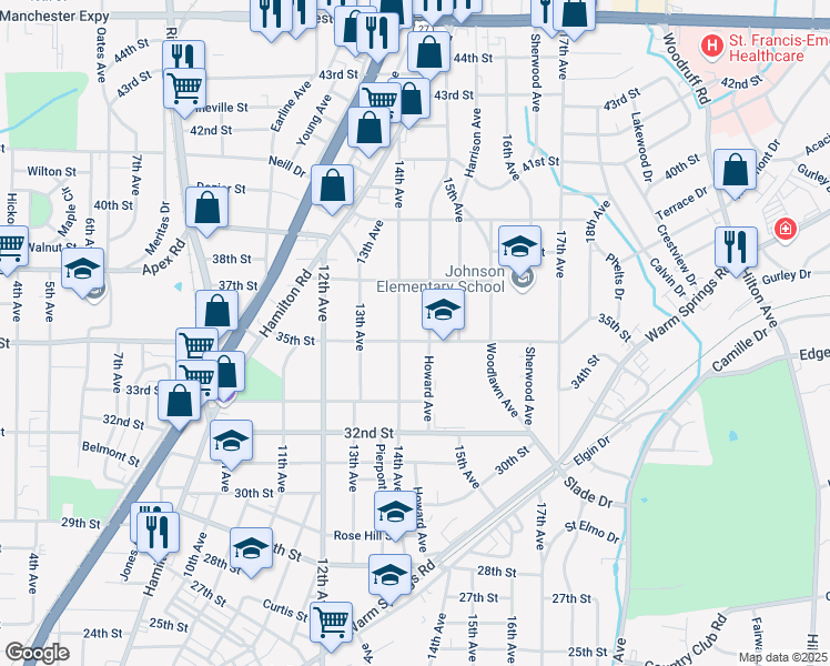 map of restaurants, bars, coffee shops, grocery stores, and more near 3519 Howard Avenue in Columbus