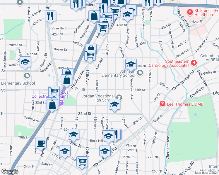 map of restaurants, bars, coffee shops, grocery stores, and more near 3519 Howard Avenue in Columbus