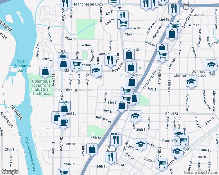 map of restaurants, bars, coffee shops, grocery stores, and more near 705 35th St in Columbus