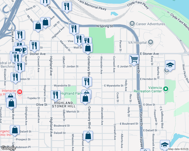 map of restaurants, bars, coffee shops, grocery stores, and more near 124 Lister Street in Shreveport