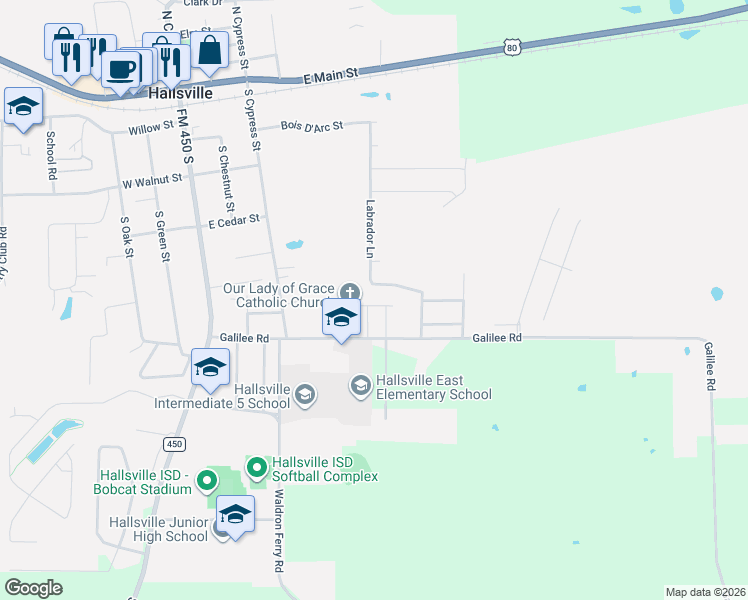 map of restaurants, bars, coffee shops, grocery stores, and more near 115 Labrador Lane in Hallsville