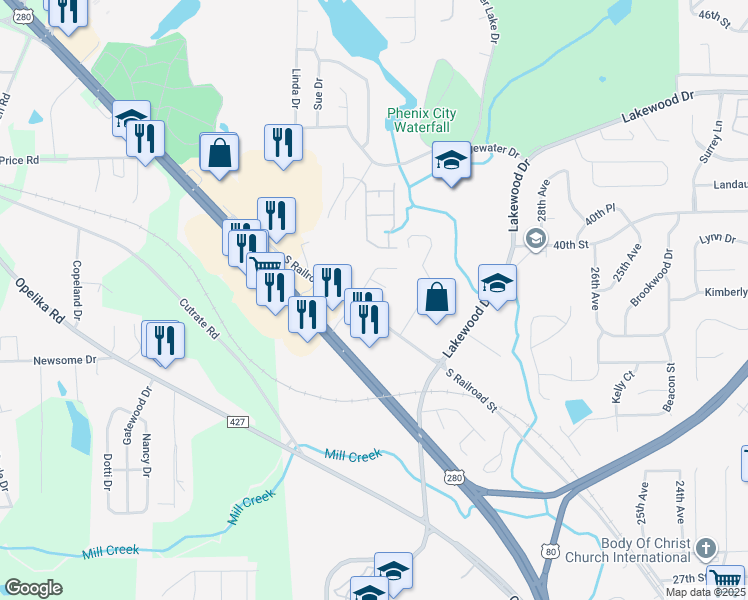 map of restaurants, bars, coffee shops, grocery stores, and more near 3333 Overlook Drive in Phenix City
