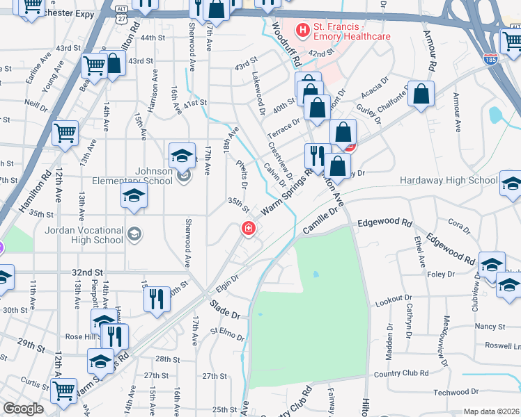 map of restaurants, bars, coffee shops, grocery stores, and more near 1937 Warm Springs Road in Columbus