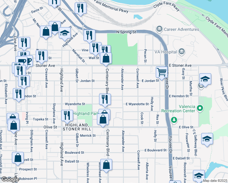 map of restaurants, bars, coffee shops, grocery stores, and more near 124 Lister Street in Shreveport