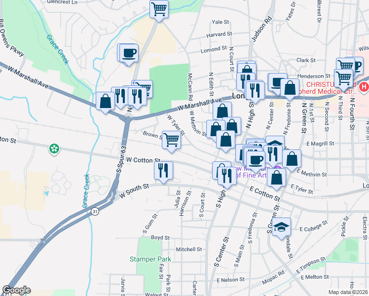 map of restaurants, bars, coffee shops, grocery stores, and more near 348-350 West Tyler Avenue in Longview