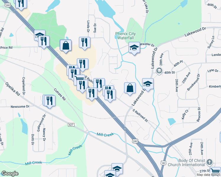 map of restaurants, bars, coffee shops, grocery stores, and more near 3333 Overlook Drive in Phenix City