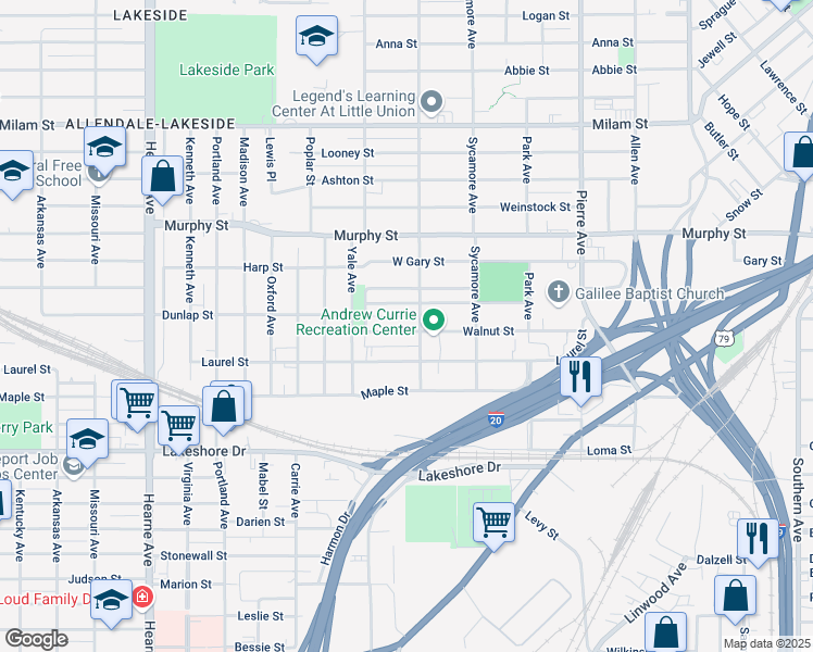 map of restaurants, bars, coffee shops, grocery stores, and more near 1912 Walnut Street in Shreveport