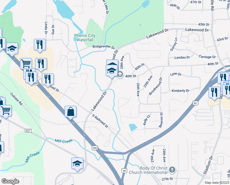 map of restaurants, bars, coffee shops, grocery stores, and more near 3800-3954 Lakewood Drive in Phenix City