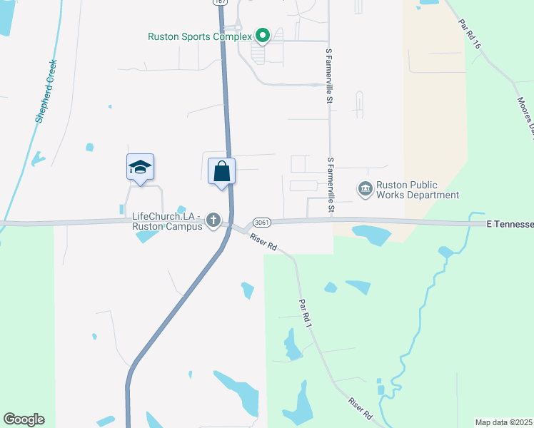 map of restaurants, bars, coffee shops, grocery stores, and more near Norton Street in Ruston