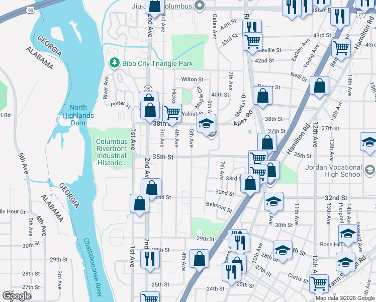 map of restaurants, bars, coffee shops, grocery stores, and more near 3608 4th Avenue in Columbus