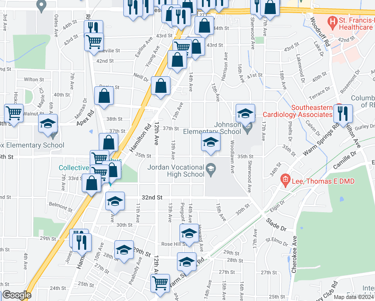 map of restaurants, bars, coffee shops, grocery stores, and more near 3509 14th Avenue in Columbus