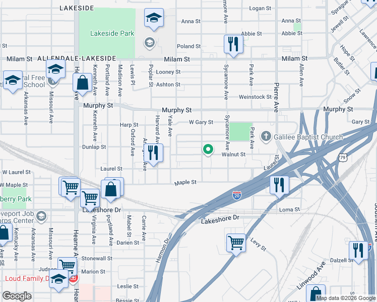 map of restaurants, bars, coffee shops, grocery stores, and more near 1939 Dove Street in Shreveport