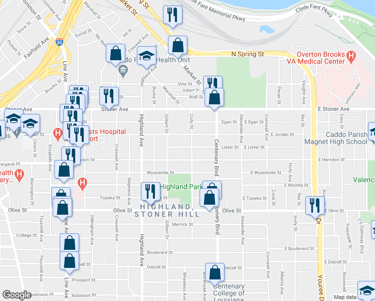 map of restaurants, bars, coffee shops, grocery stores, and more near 1515 Coty Street in Shreveport