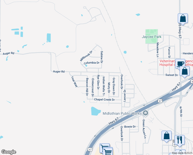 map of restaurants, bars, coffee shops, grocery stores, and more near 1417 Rye Glen Drive in Midlothian