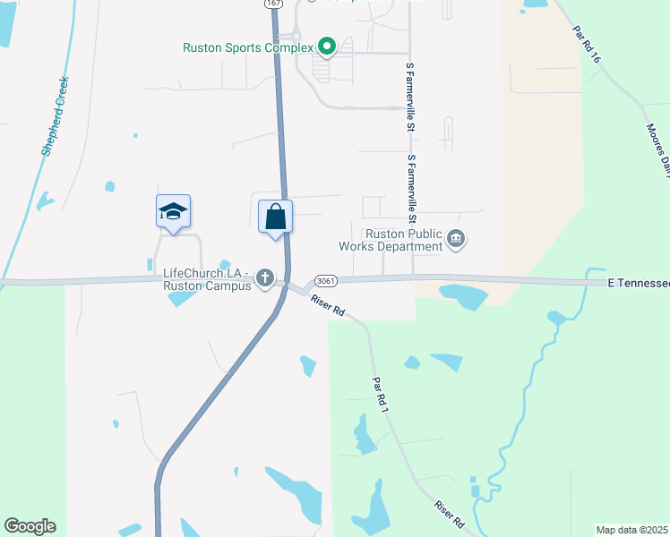 map of restaurants, bars, coffee shops, grocery stores, and more near Norton Street in Ruston