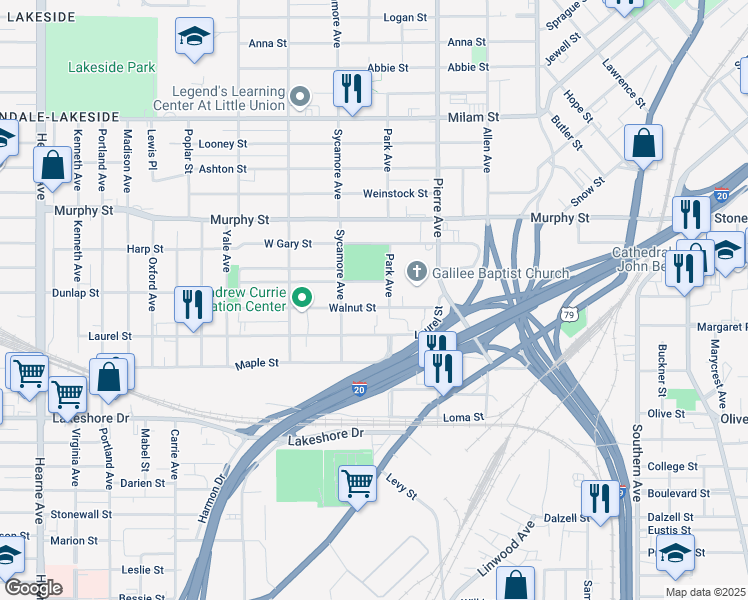 map of restaurants, bars, coffee shops, grocery stores, and more near 1525 Sycamore Avenue in Shreveport