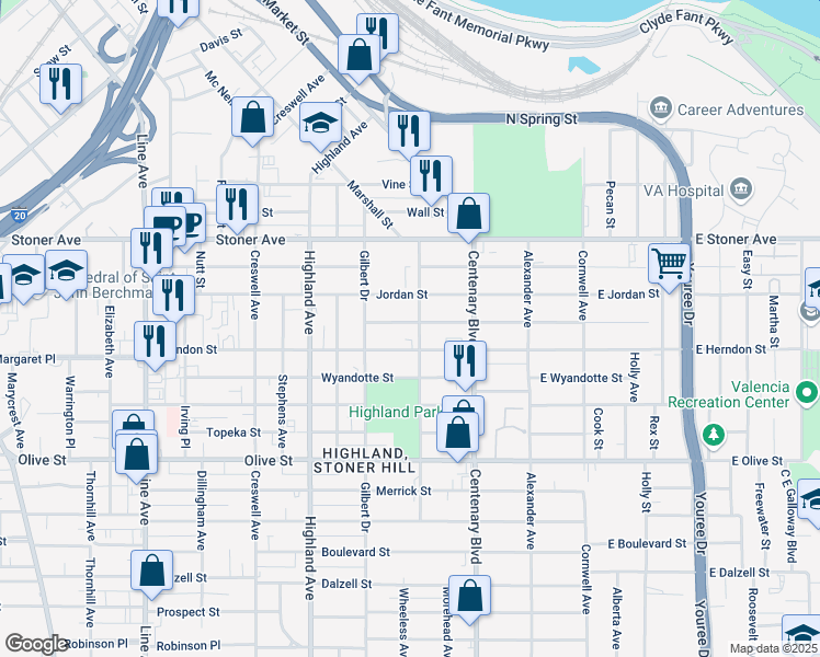 map of restaurants, bars, coffee shops, grocery stores, and more near 307 Lister Street in Shreveport