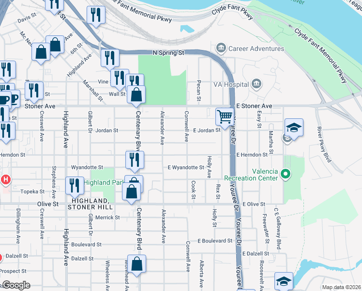 map of restaurants, bars, coffee shops, grocery stores, and more near 147 East Lister Street in Shreveport