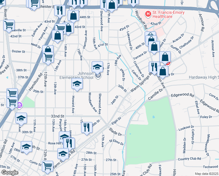 map of restaurants, bars, coffee shops, grocery stores, and more near 3508 17th Avenue in Columbus