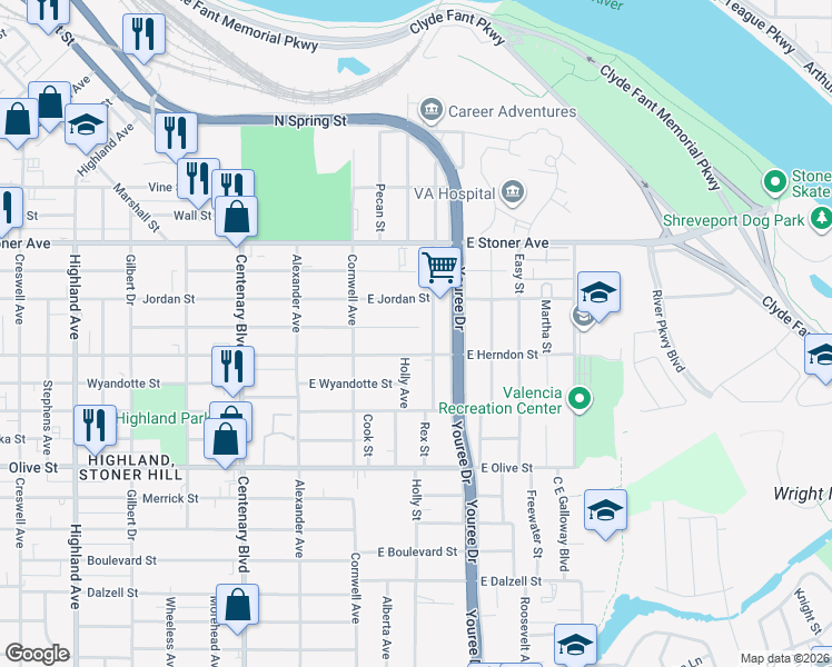 map of restaurants, bars, coffee shops, grocery stores, and more near 1522 Rex Street in Shreveport