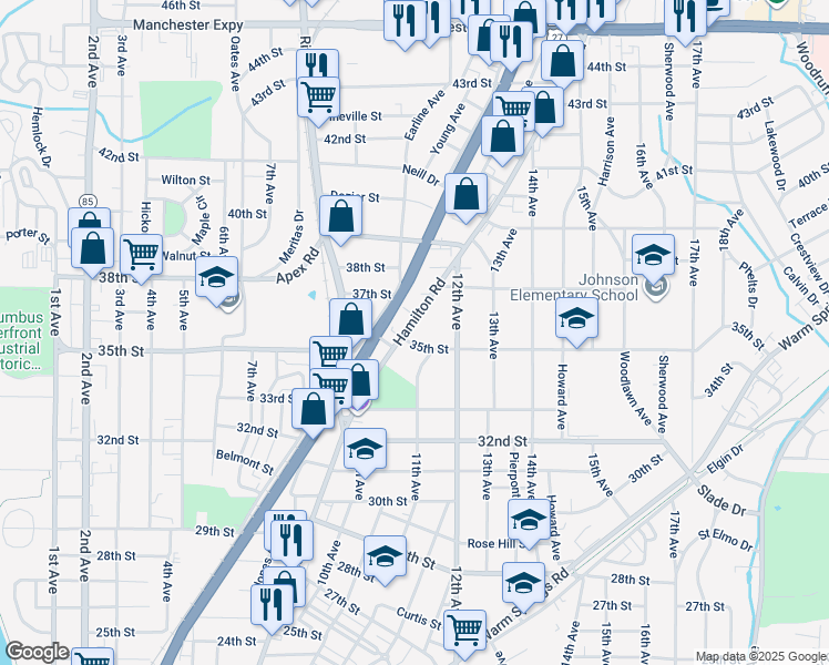 map of restaurants, bars, coffee shops, grocery stores, and more near 3521 Hamilton Road in Columbus
