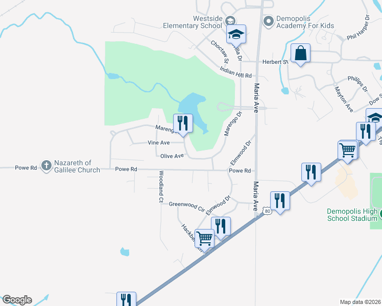 map of restaurants, bars, coffee shops, grocery stores, and more near 1800-1804 Marengo Drive in Demopolis