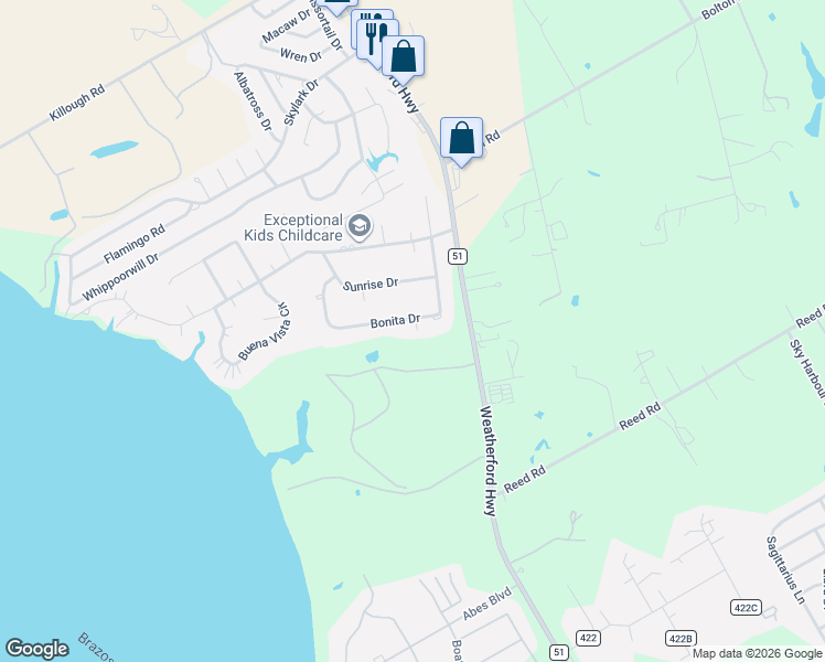 map of restaurants, bars, coffee shops, grocery stores, and more near 203 Bonita Drive in Granbury