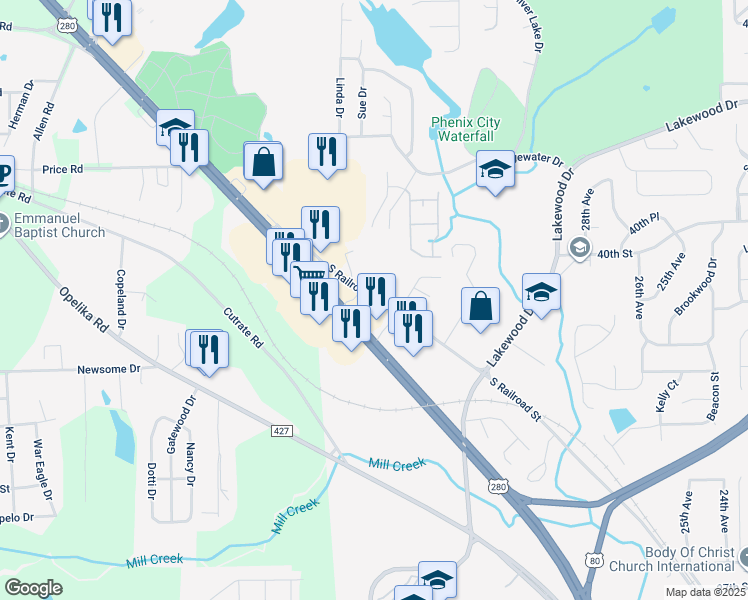 map of restaurants, bars, coffee shops, grocery stores, and more near 3628 South Railroad Street in Phenix City