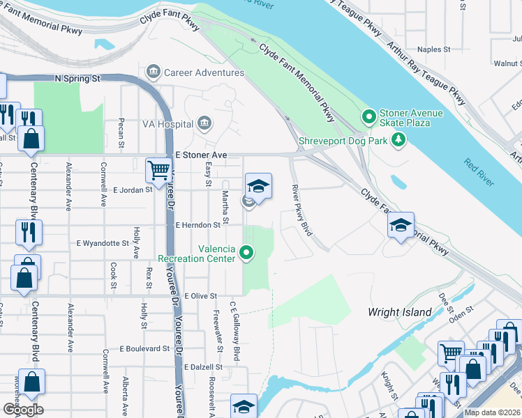 map of restaurants, bars, coffee shops, grocery stores, and more near 1601 Viking Drive in Shreveport