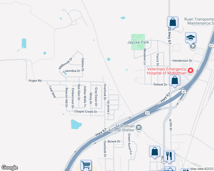 map of restaurants, bars, coffee shops, grocery stores, and more near 1422 Misty Meadow Drive in Midlothian