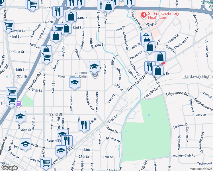 map of restaurants, bars, coffee shops, grocery stores, and more near 3512 17th Avenue in Columbus