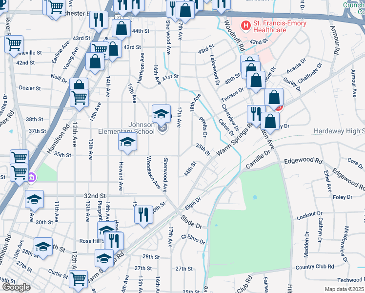 map of restaurants, bars, coffee shops, grocery stores, and more near 3512 17th Avenue in Columbus
