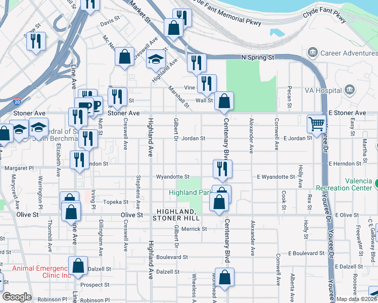 map of restaurants, bars, coffee shops, grocery stores, and more near 351 Jordan Street in Shreveport