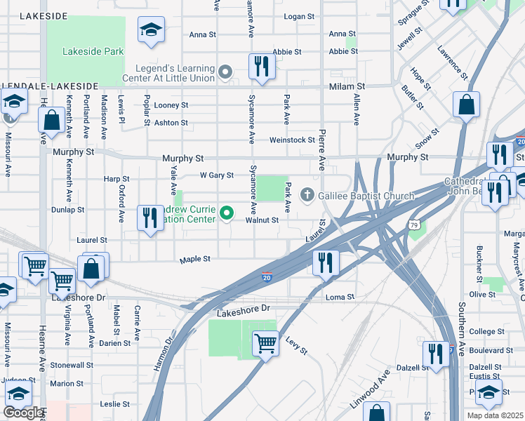map of restaurants, bars, coffee shops, grocery stores, and more near 1525 Sycamore Avenue in Shreveport