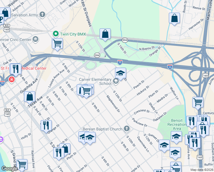 map of restaurants, bars, coffee shops, grocery stores, and more near 713 S 12th St in Monroe