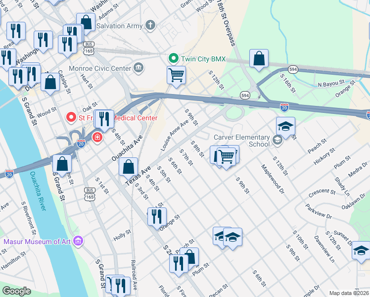 map of restaurants, bars, coffee shops, grocery stores, and more near 701 Texas Avenue in Monroe